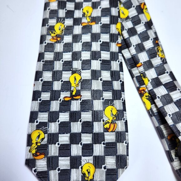 Warner Brothers Looney Tunes Tweety Bird Neck Tie 1999 Black and White Check - Picture 1 of 5